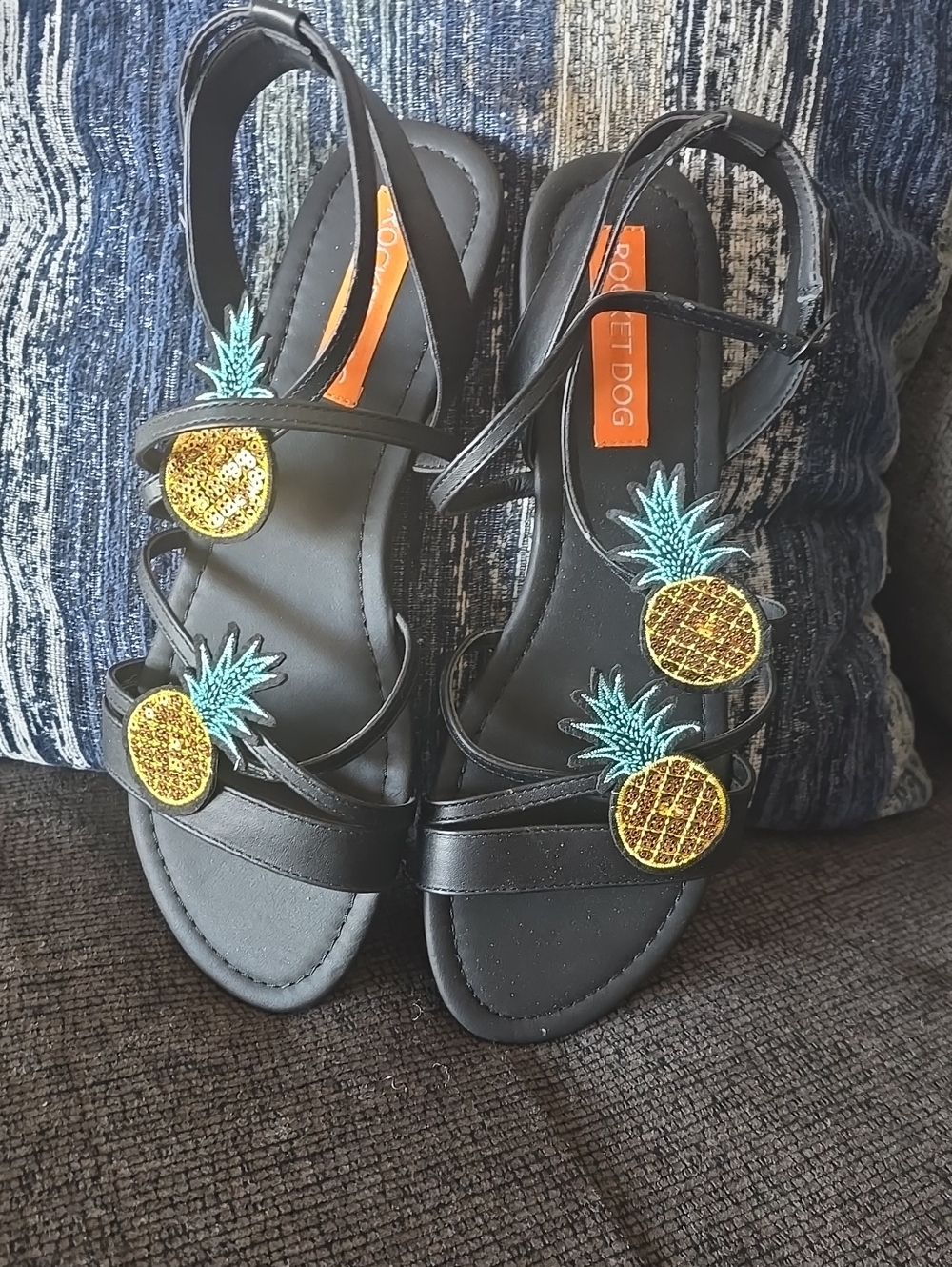 Rocket Dog Black Sandals with Gold Pineapple Appliqués